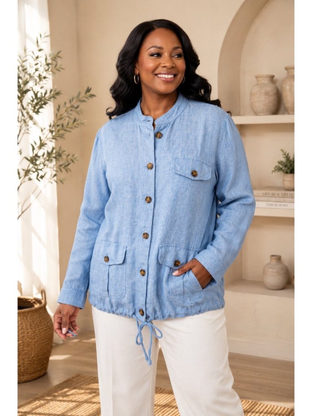 Talbots XL 100% Linen Utility Jacket Light Blue Drawstring Hem Safari Casual